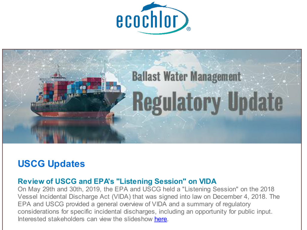 Photo of regulatory update newsletter from Ecochlor