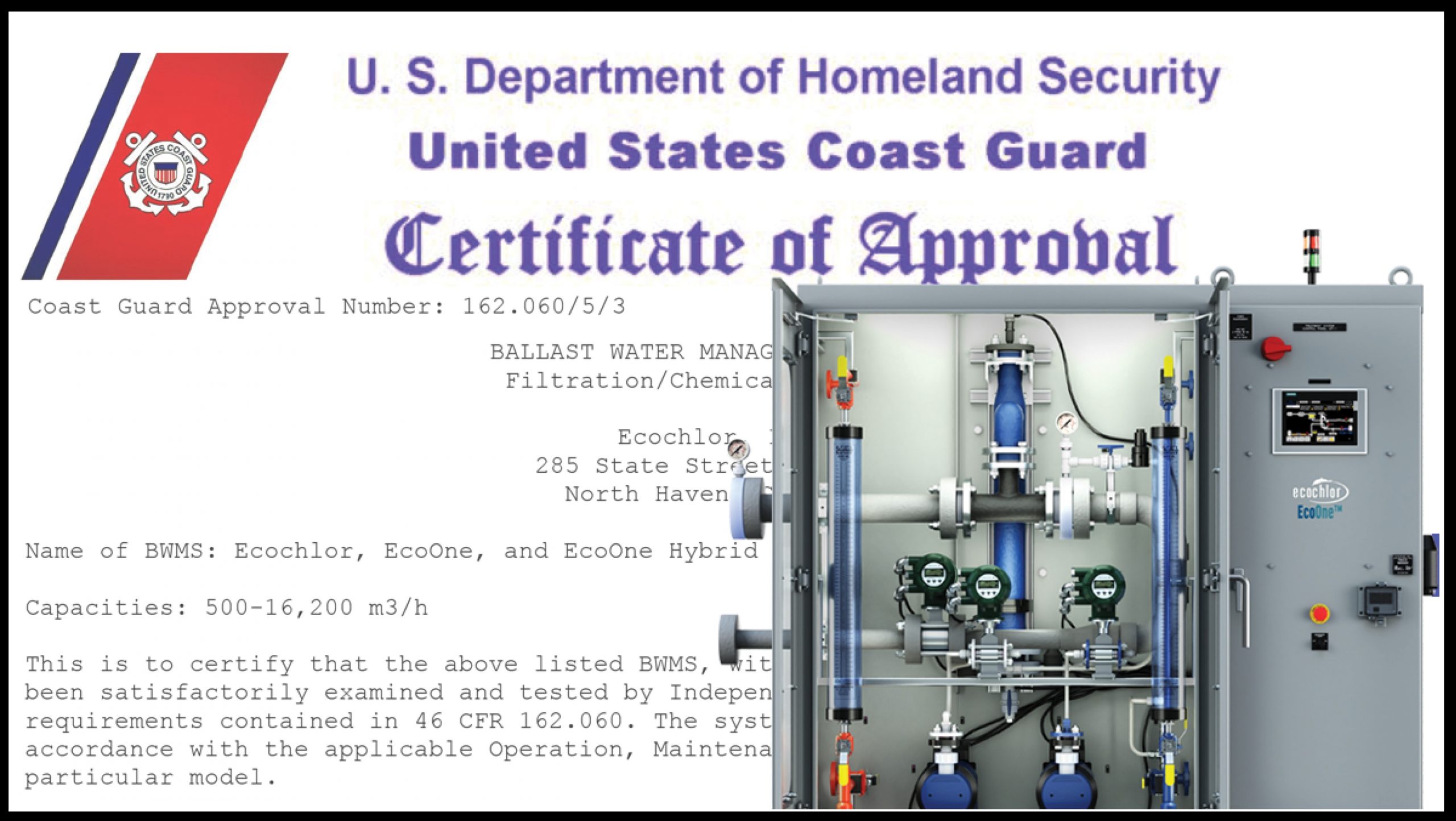 Photo of EcoOne and USCG Type Certificate